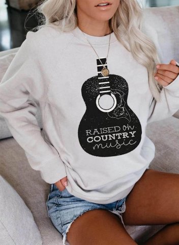 Women's Country Music Sweatshirts Guitar Letter Print Long Sleeve Round Neck Casual Sweatshirt