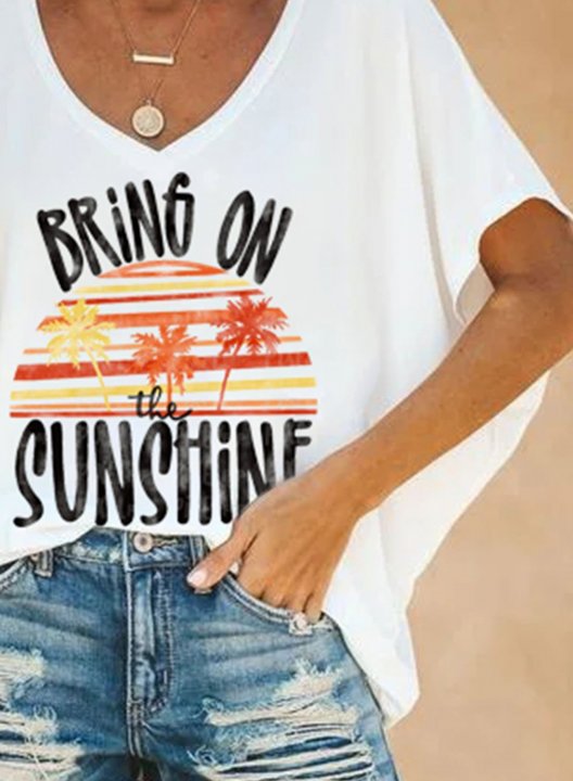 Women's T-shirts Sunshine Letter Print Short Sleeve V Neck Daily T-shirt