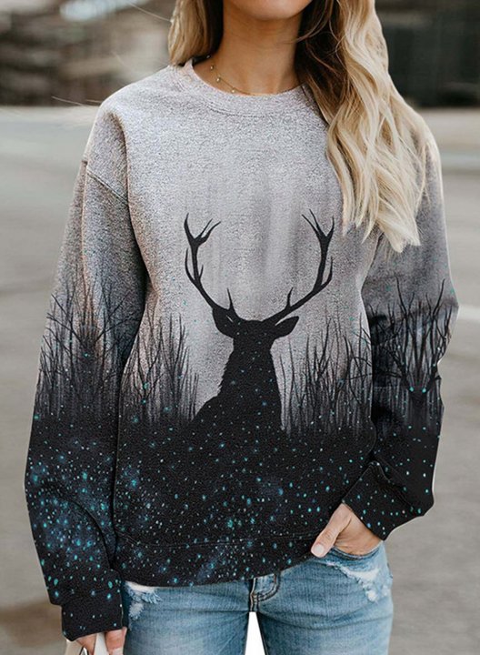 Fawn Print Round Neck Casual Sweatshirt