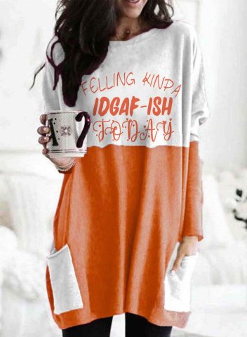 Women's Tunic Tops Feeling Kinda IDGAF-ish today Letter Color Block Round Neck Long Sleeve Daily Pocket Tops