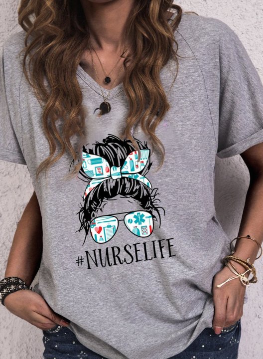 Women's T-shirts Letter Portrait V Neck Short Sleeve Casual Daily T-shirts