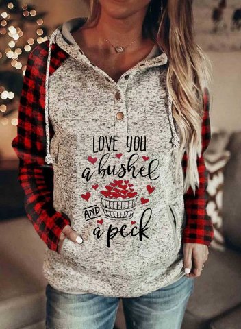 Love You a Bushel and a Peck Women's Hoodie Plaid Letter Slogan Print Long Sleeve Button Pocket Casual Hoodie