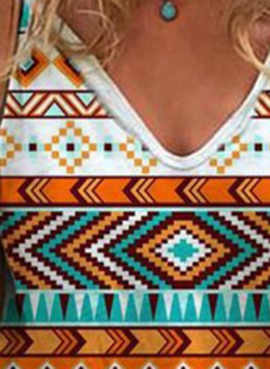 Women's T-shirts Tribal Color Block V Neck Short Sleeve Summer Casual Daily T-shirts