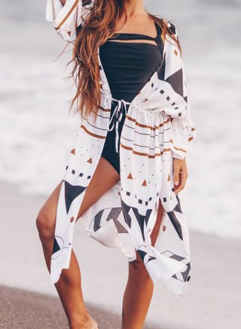 Women's Cover-ups Geometric V Neck 3/4 Sleeve Open Front Split Drawstring Casual Daily Beach Cover-ups