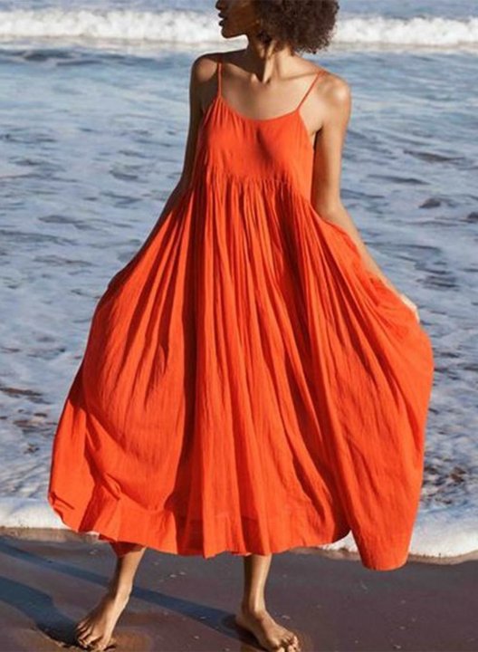 Women's Dress Solid Fit & Flare Spaghetti Sleeveless Summer Vacation Beach Casual Midi Dress