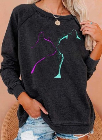 Women's Cat Print Sweatshirts Round Neck Long Sleeve Solid Color Block Casual Daily Sweatshirts