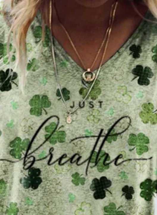 Women's T-shirts Clover Letter Just Breathe Print Short Sleeve V Neck Daily T-shirt