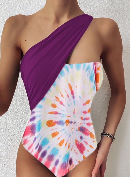 Women's One Piece Swimwear Color Block One-shoulder Casual One-Piece Swimsuit