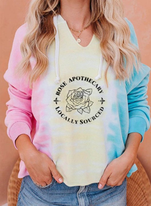 Women's Rose Apothecary Tie Dye Hoodies Drawstring V Neck Long Sleeve Letter Color Block Daily Hoodies