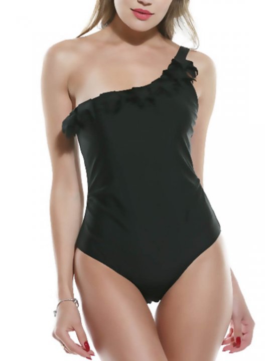 Women's One Piece Swimwear Solid One-shoulder Ruffle One-Piece Swimsuit