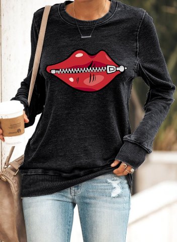 Solid Lips Print Long Sleeve Round Neck Sweatshirt