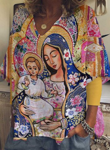Women's Pullovers Tribal Jesus Long Sleeve V Neck Casual Pullover