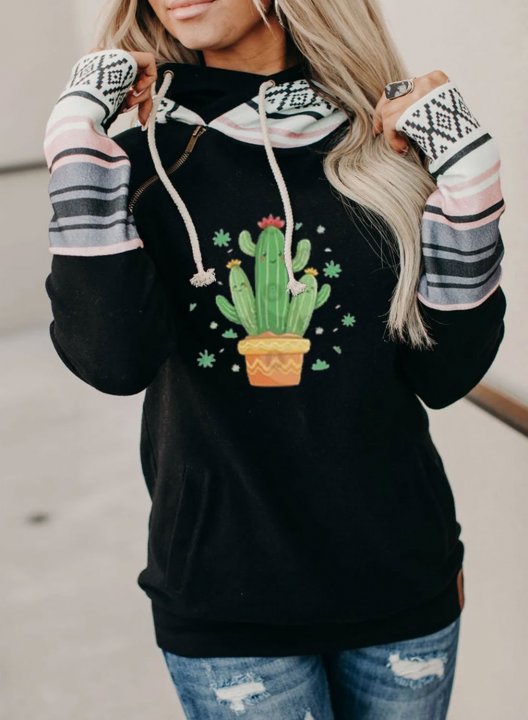 Women's Cute Cactus Print Hoodies Drawstring Long Sleeve Hoodies With Pockets