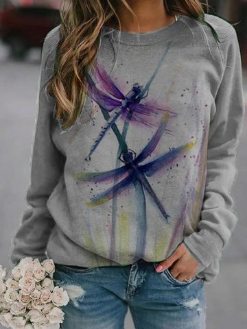 Dragonfly Print Crew Neck Sweatshirt