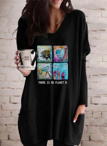 Women's funny Graphic Tunic Tops Color-block Long Sleeve Round Neck Pocket Casual T-shirt