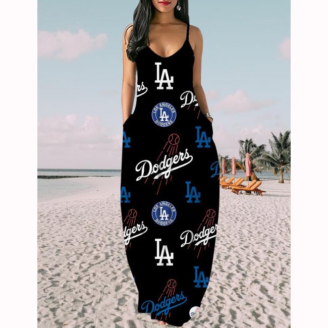 Women's Los Angeles Dodgers Baseball Team Print Sling Pocket Sleeveless Loose Holiday Style Long Dress