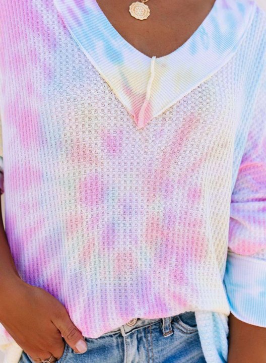 Colorful Off Shoulder Tie Dye Long Sleeve V-Neck Sweatshirt