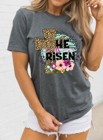 Women's T-shirts Floral Leopard Letter Print Short Sleeve Round Neck Daily T-shirt