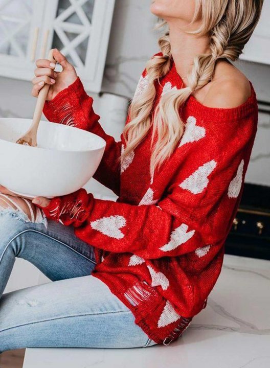 Women's Red Heart Print Sweaters Cold-shoulder Cut-out Basic Knitted Sweater