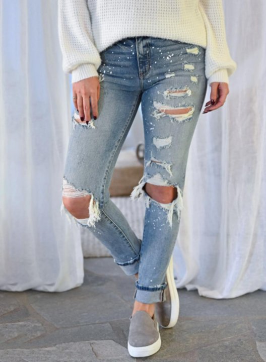 Women's Torn Jeans Slim Solid Cut-out Mid Waist Full Length Casual Daily Torn Jeans