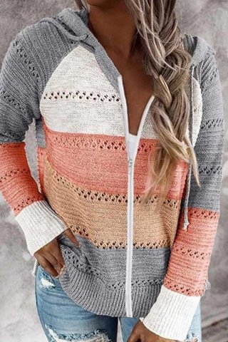 Striped Color-block Hollow Out Knitted Hooded Zipper Front Sweater