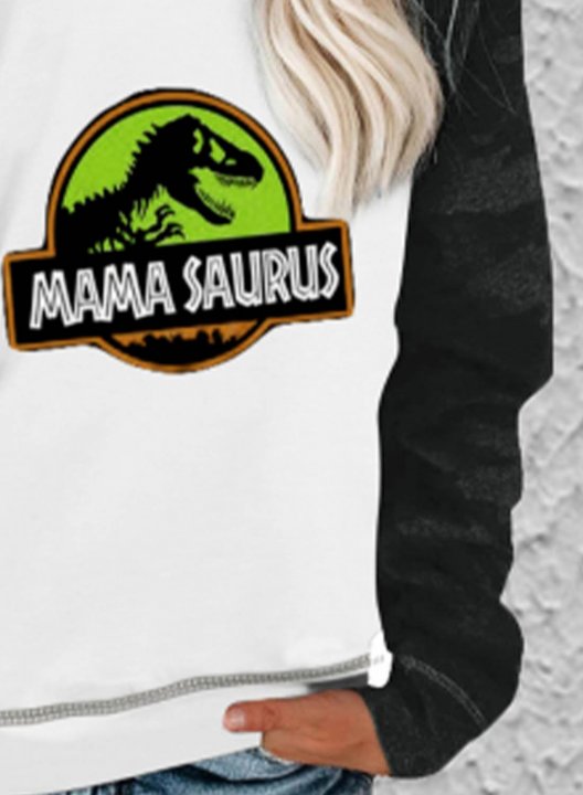 Women's Sweatshirts Mama Saurus Letter Print Long Sleeve Round Neck Casual Raglan Sleeves Color Block Sweatshirt