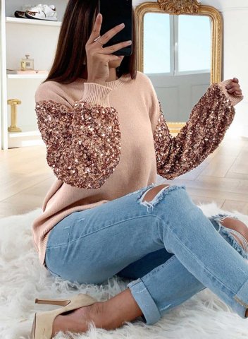 Women's Sequin Sweatshirts Round Neck Long Sleeve Solid Pink Sweatshirts