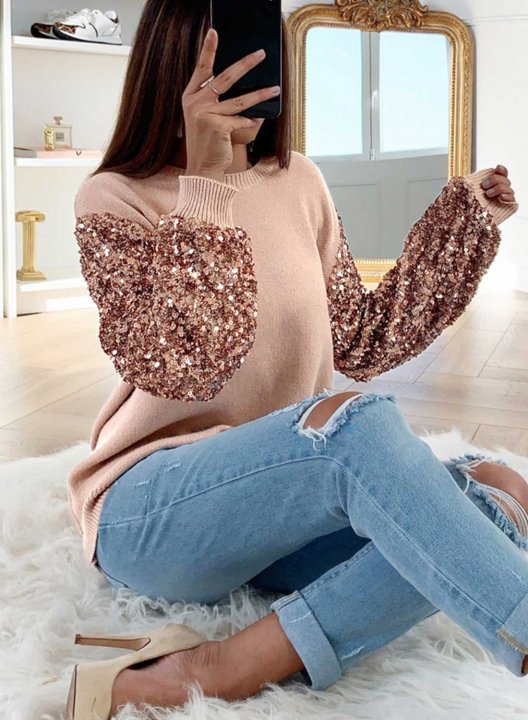 Women's Sequin Sweatshirts Round Neck Long Sleeve Solid Pink Sweatshirts