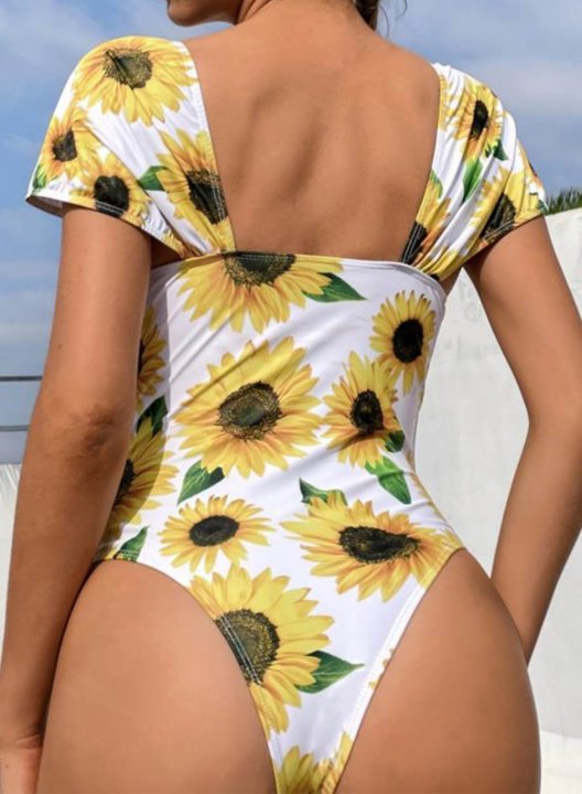 Women's One Piece Swimwear Color Block Floral Short Sleeve Square Neck One-Piece Swimsuit