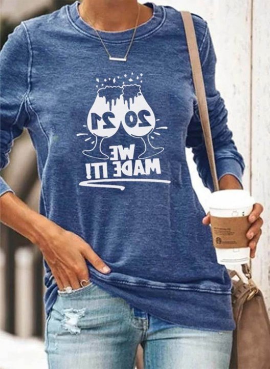 Women's Sweatshirts Solid Letter Long Sleeve Round Neck Daily Sweatshirt