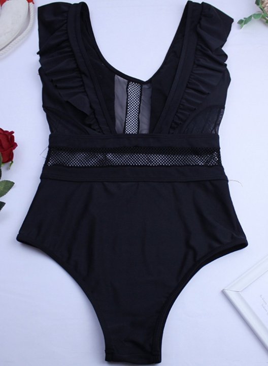 Women's One Piece Swimwear Solid V Neck Cut Out Ruffle Vacation Casual One-Piece Swimsuits One-Piece Bathing Suits