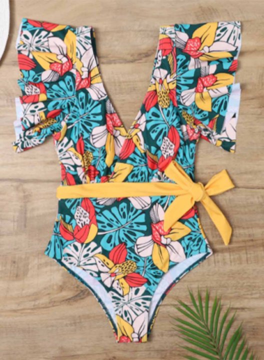 Women's One Piece Swimwear Floral V Neck Short Sleeve Ruffle Knot Casual One-Piece Swimsuits One-Piece Bathing Suits