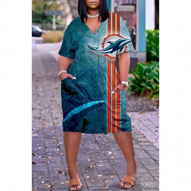 Miami Dolphins Print Fashion Casual V Neck Short Sleeve Dress