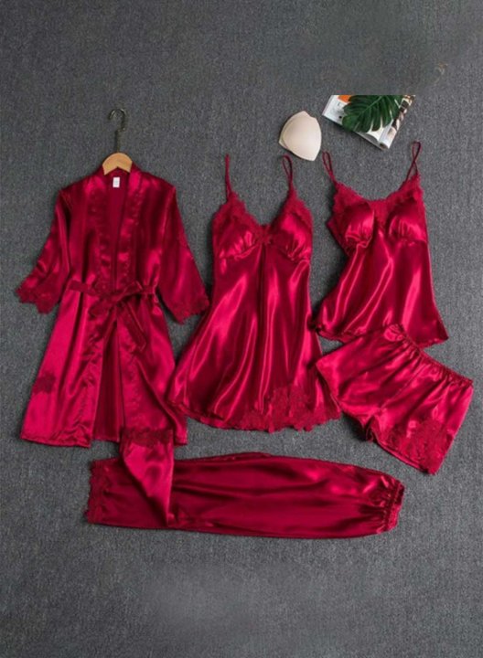 Women's Loungewear Sets Solid Floral Lace 4-Piece Loungewear Set