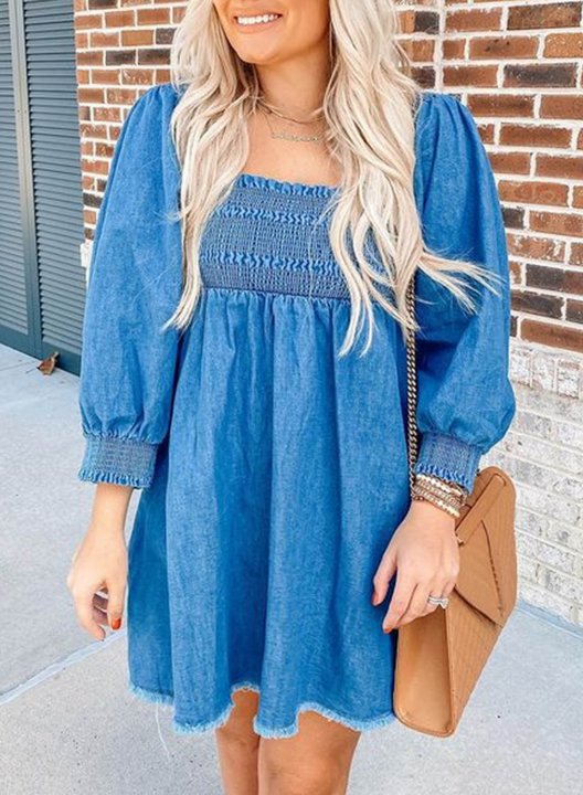 Women's Mini Dresses Fashion Solid Denim 3/4 Sleeve Square Neck Dress