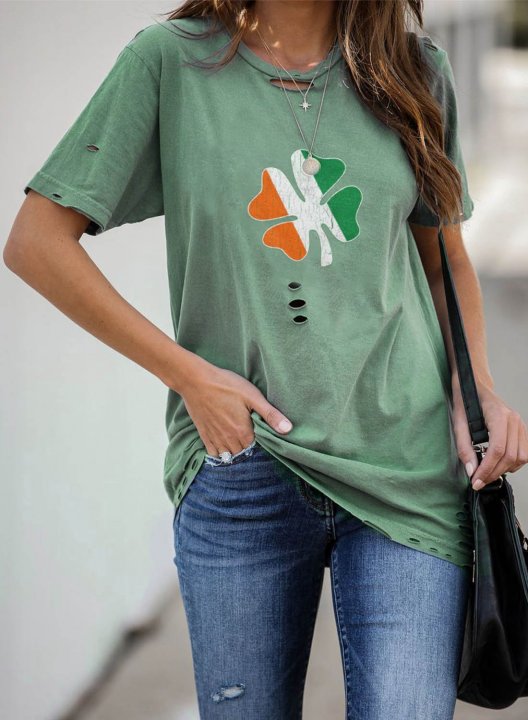 Women's St Patricks Day T-shirts Casual Letter Cut-out Solid Round Neck Short Sleeve Daily T-shirts