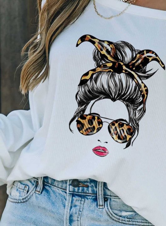 Women's T-shirts Portrait Print Long Sleeve Cold Shoulder Daily T-shirt