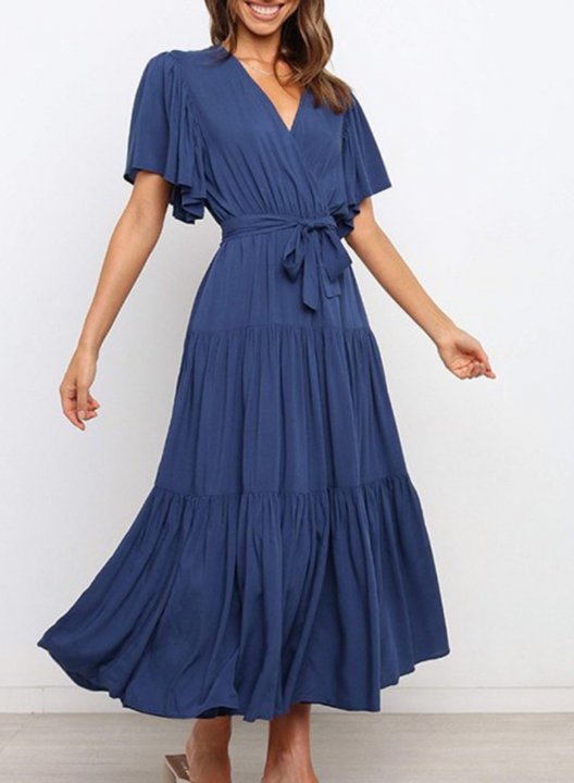 Women's Maxi Dresses Solid Short Sleeve Flare V Neck Belt-up Dress