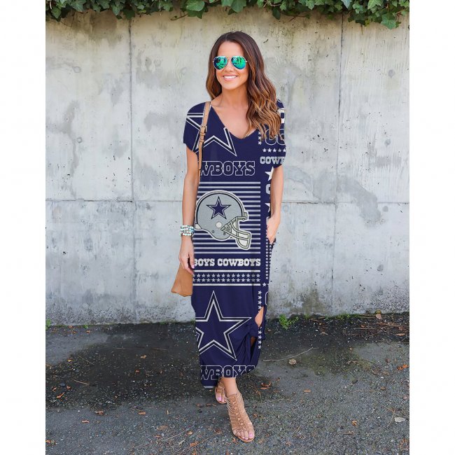 V-neck Cowboys Print Short-Sleeved Loose Long Dress