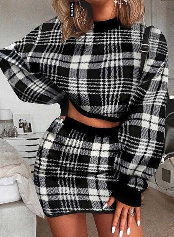 Women's Dress Two Piece Plaid Cropped Slim Round Neck Long Sleeve Party Daily Mini Dress