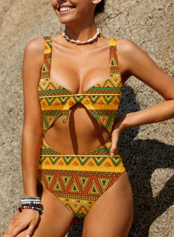 Women's One Piece Swimwear Geometric Color Block Tribal V Neck One-Piece Swimsuit
