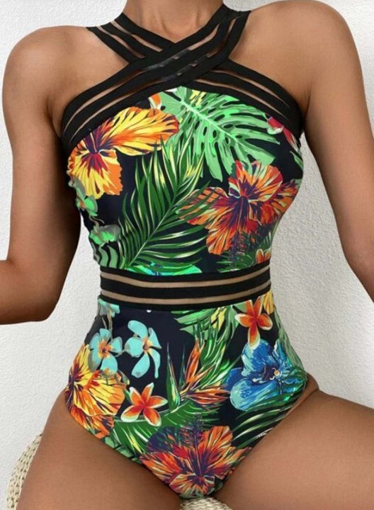 Women's One Piece Swimwear Floral Tropical V Neck One-Piece Swimsuit