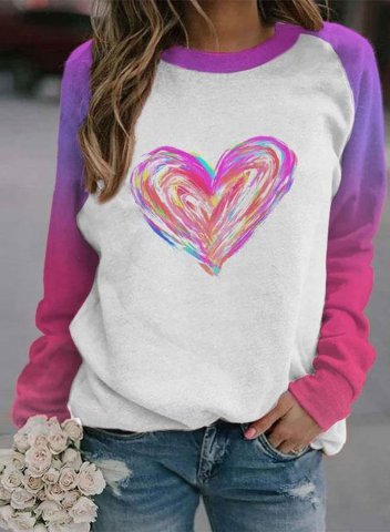 Women's Sweatshirts Color-block Heart Print Long Sleeve Round Neck Casual Sweatshirt
