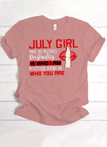 Women's T-shirts July Girl Lip Letter Print Short Sleeve Round Neck Daily Graphic T-shirt