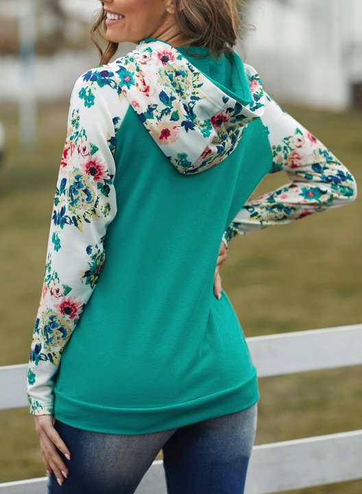 Women's Cowl Neck Hooded Floral Pocketed Sweatshirt