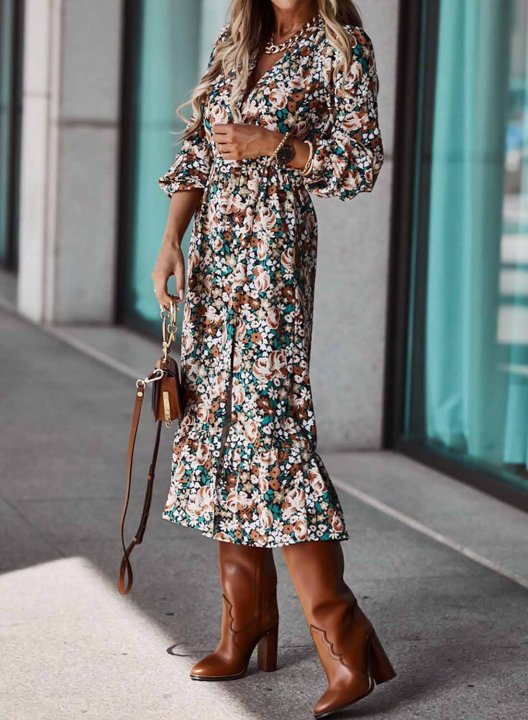 Women's Dress Floral Multicolor Long Sleeve V Neck Boho Vintage Daily Date Midi Dress