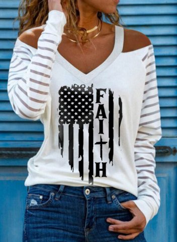 Women's T-shirts Letter American Flag V Neck Cold Shoulder Long Sleeve Casual Daily T-shirts