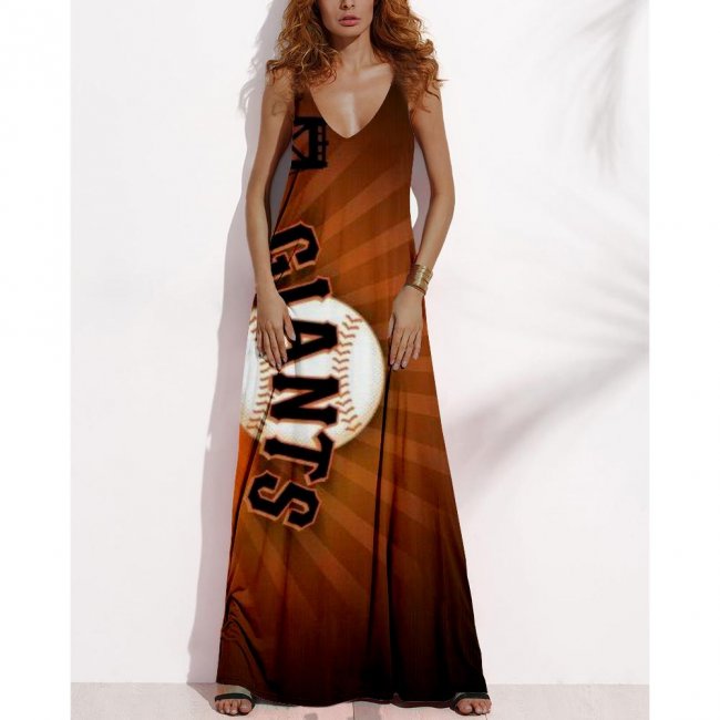 Women's Summer SAN FRANCISCO GIANTS Fan Print V-neck Sleeveless Loose Long A-line Dress