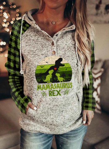 Women's Mamasaurus Hoodies Drawstring Plaid Dinosaur Hoodies With Pockets