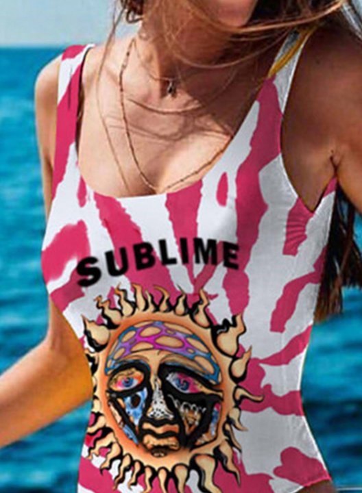 Women's One-Piece Swimsuits One-Piece Bathing Suits Letter Sun Multicolor U Neck Swimsuits